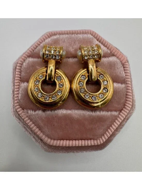 Swarovski Door Knocker Earrings Gold Tone Rhinestone Dangle Signed VTG Pierced - Picture 1 of 7